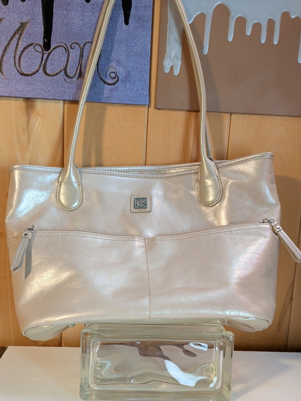 Cream Pearl coated genuine leather tote